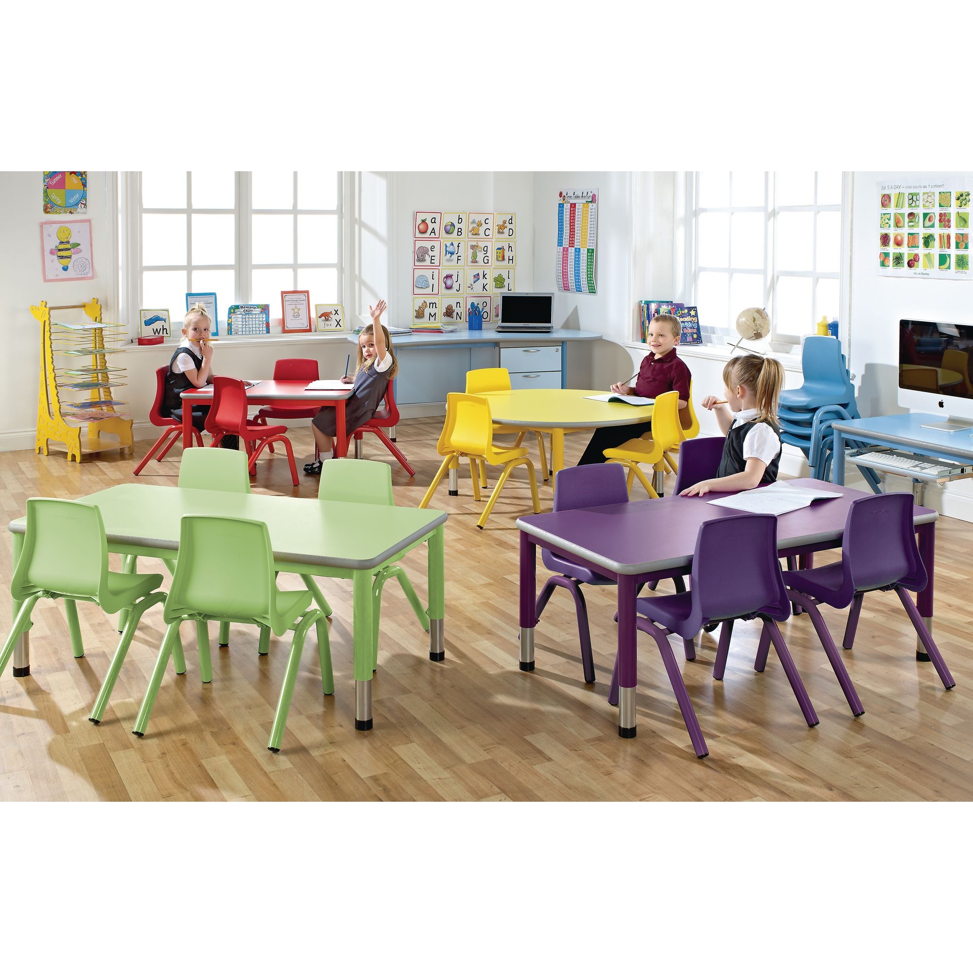 Harlequin Rectangular Height Adjustable Steel Classroom Pack: Table and 4 Chairs - 900 x 600 x 400mm - Soft Blue